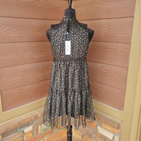 NWT POPSUGAR “Lucky Star” Black Metallic Gold Stars Keyhole Back Dress Medium - Picture 5 of 17
